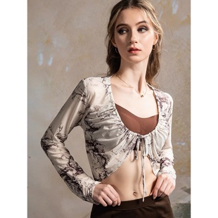 水墨晕染网纱长袖开衫女设计感短款瑜伽服外套女上衣配吊带裙罩衫