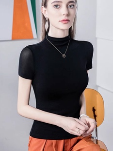 2026新款沙体t恤女网纱半高领短袖纱衣打底衫女黑色薄纱上衣夏季