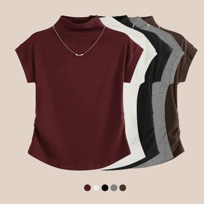 半高领针织短袖t恤女中领内搭2026春夏新款德绒安可拉红打底上衣