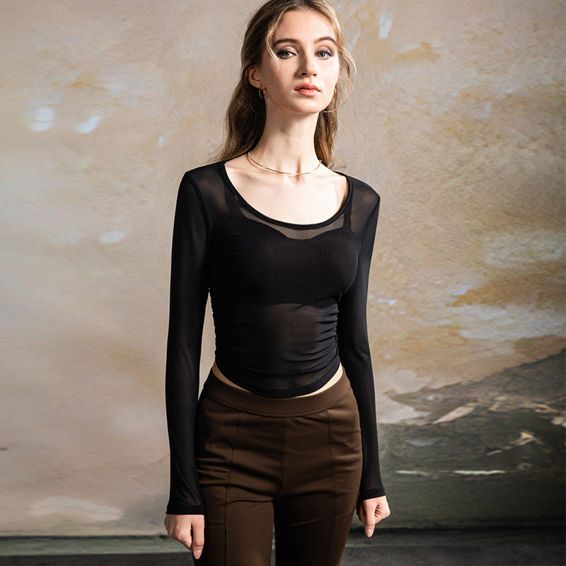 春夏新款黑色大圆领网纱透视长袖T恤女收腰捏褶短款罩衫上衣,女装/女士精品,T恤,淘宝优惠券,粉丝福利购,淘宝优惠卷