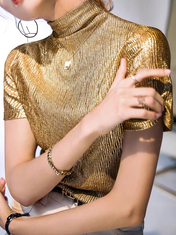 金色亮丝t恤女时尚半高领短袖内搭打底衫春秋新款高级感带闪上衣