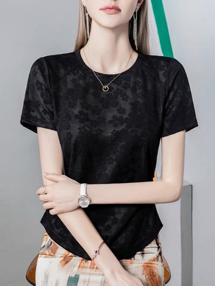 提花蕾丝复古上衣女短袖宽松2024
