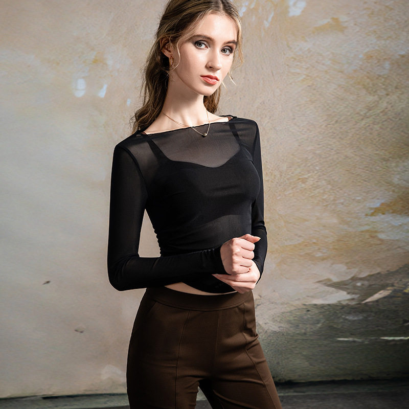 夏季透视网纱一字领长袖t恤女黑色修身性感短款露脐上衣薄款罩衫