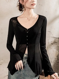 2026春夏季V领网纱透视开衫上衣女喇叭袖舞蹈外搭黑色纽扣小衫
