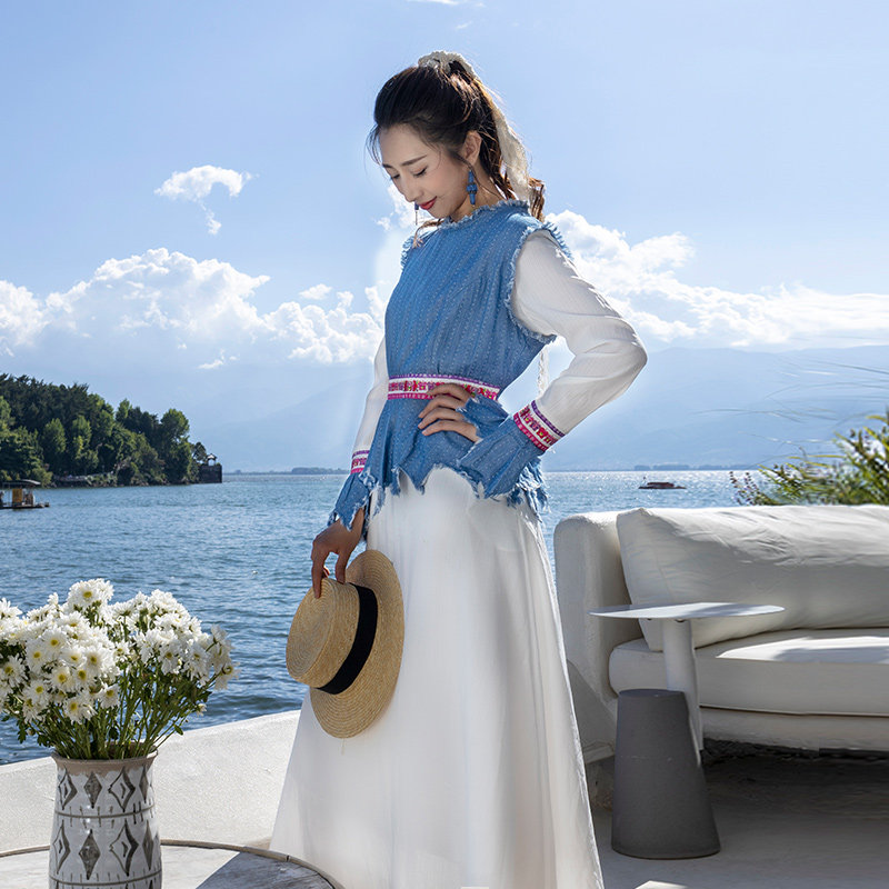 杨丽萍官方原创设计雀云裳民族风国风圆领提花织带长袖连衣裙春秋