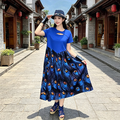 杨丽萍官方孔雀羽毛印花连衣裙