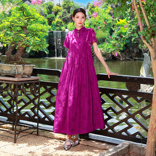 杨丽萍官方原创设计雀云裳民族风新中式提花玫红显白立领连衣裙女