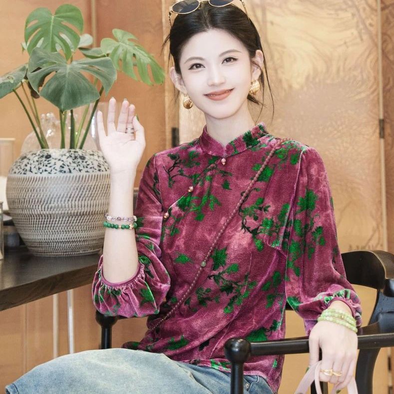 新中式高档丝绒真丝上衣妈妈装