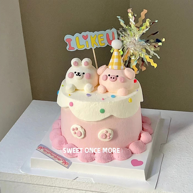 ins复古可爱立体小动物小猪兔子摆件情侣纪念日生日插件蛋糕装饰