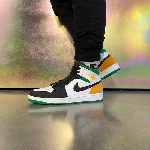 Air Jordan 1 Mid AJ1 男 白绿橙拼接 中帮篮球鞋852542-101