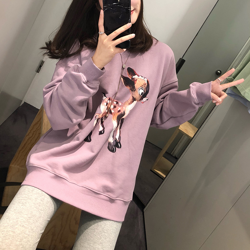 秋ins潮卫衣2019新款女长袖韩版宽松紫色圆领套头慵懒风薄中长款