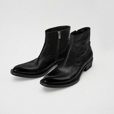 Aucun FootWear / 25FW尖头切尔西靴男高帮小牛皮全真皮厚底增高