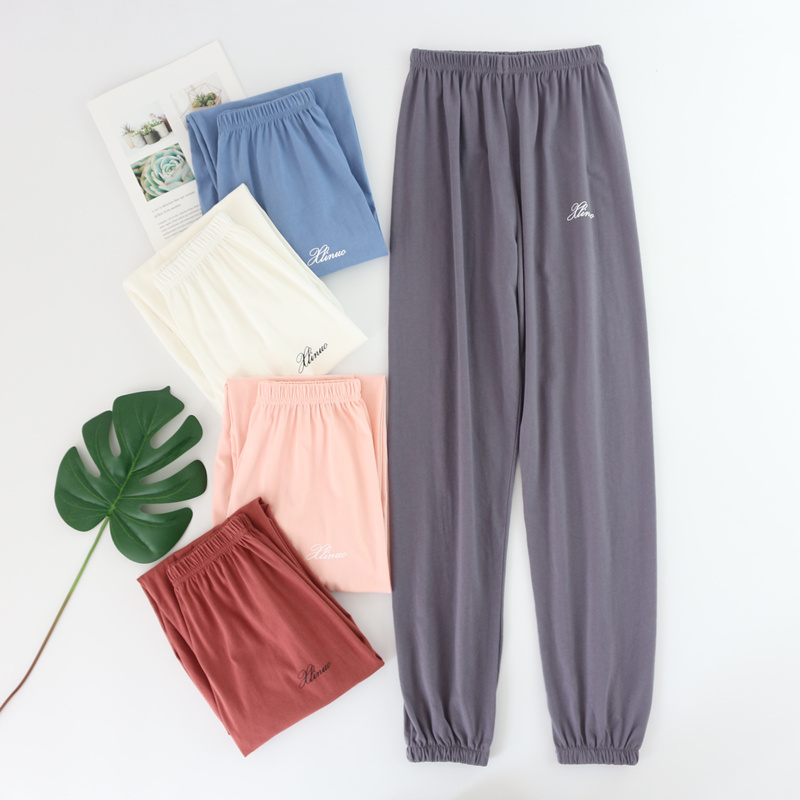 纯棉睡裤女针织薄款春夏大码宽松居家长裤束脚小脚家居裤收口外穿