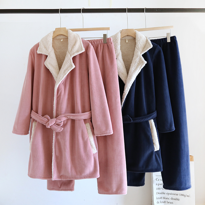 冬季法兰绒睡衣女士加厚羊羔绒保暖和服中长款浴袍宽松家居服套装
