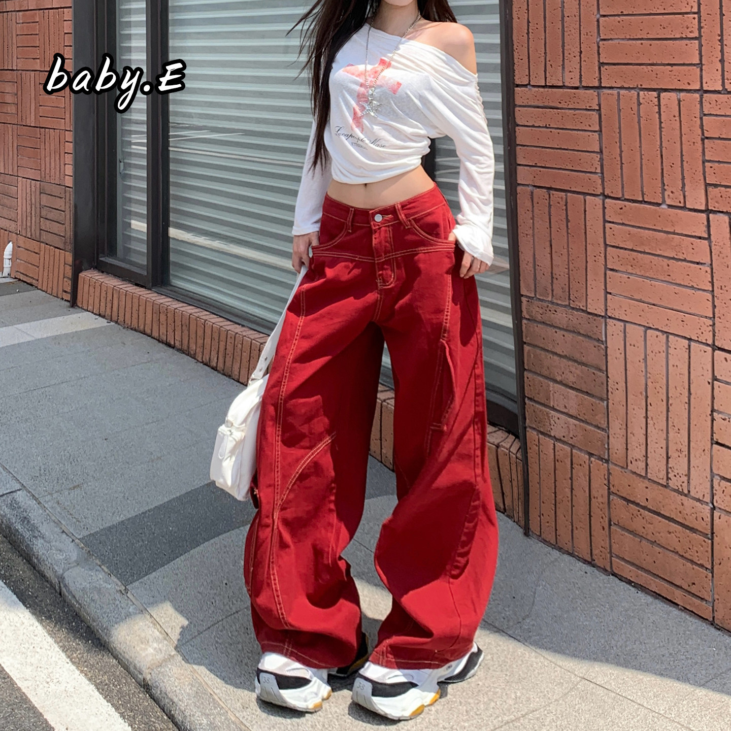 Baby.E气血感红色工装牛仔裤女