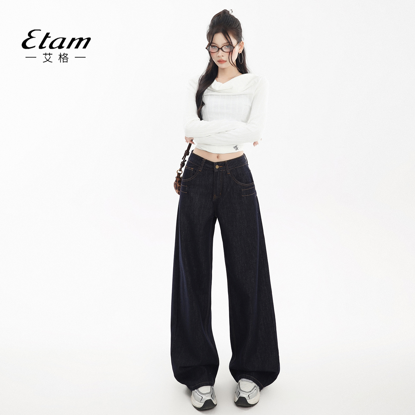 艾格Etam丹宁深蓝色阔腿牛仔裤女