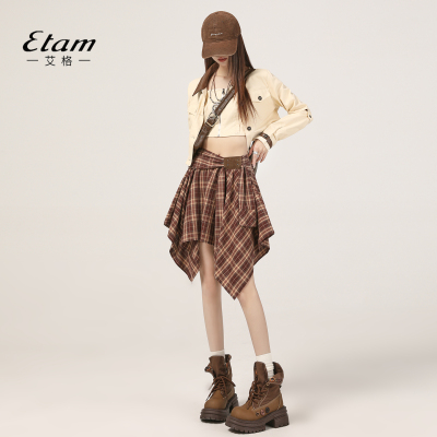 搭配靴子绝美的韩系格子半身裙子