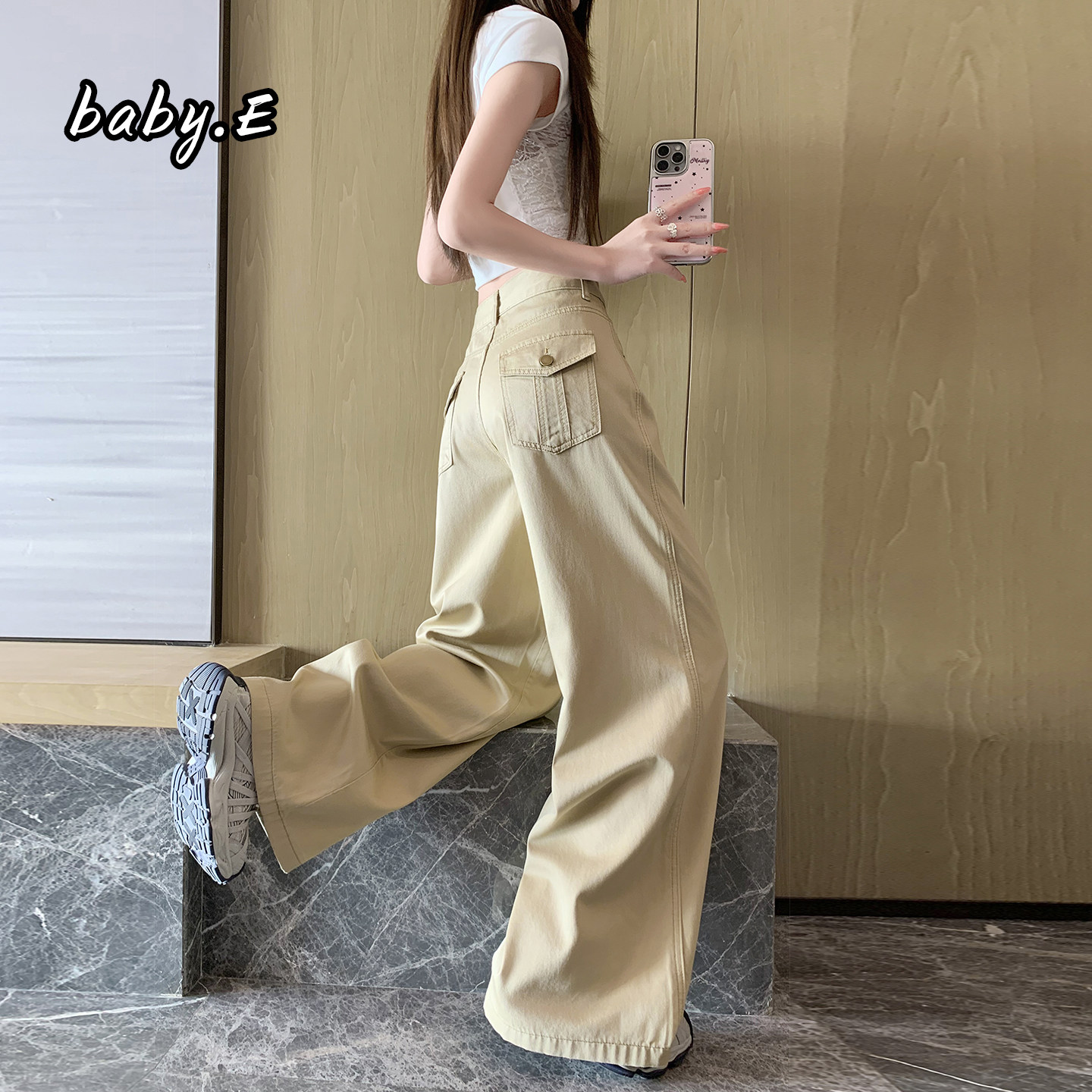 Baby.E冰丝卡其色阔腿牛仔裤女