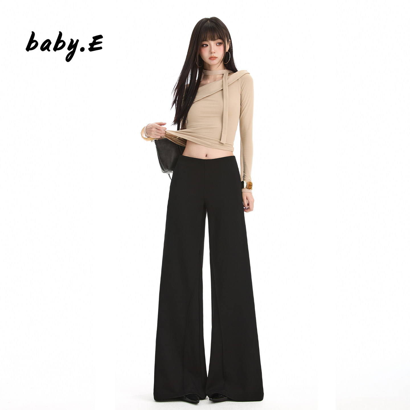 Baby.E黑色微喇叭休闲裤女垂感图片