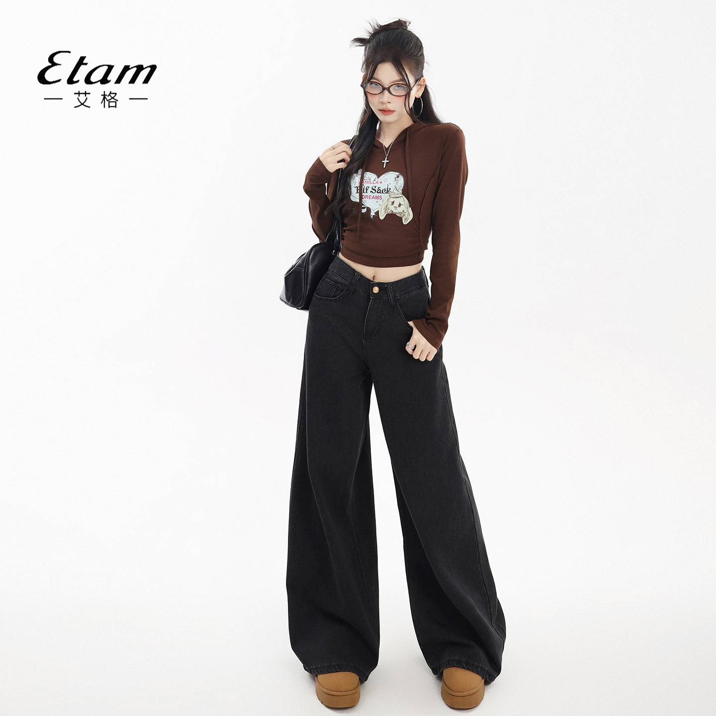 艾格Etam翻盖口袋阔腿牛仔裤女