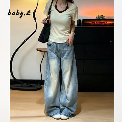 Baby.E美式竹节纹弯刀阔腿牛仔裤