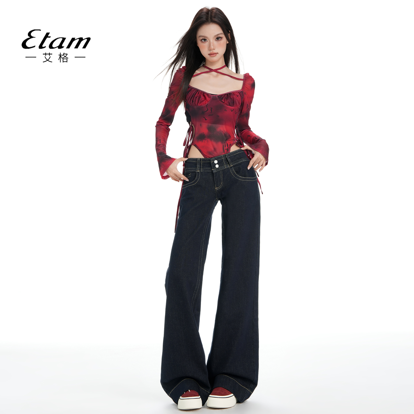 艾格Etam美式双扣低腰微喇叭牛仔裤女秋冬加绒复古辣妹窄版直筒裤