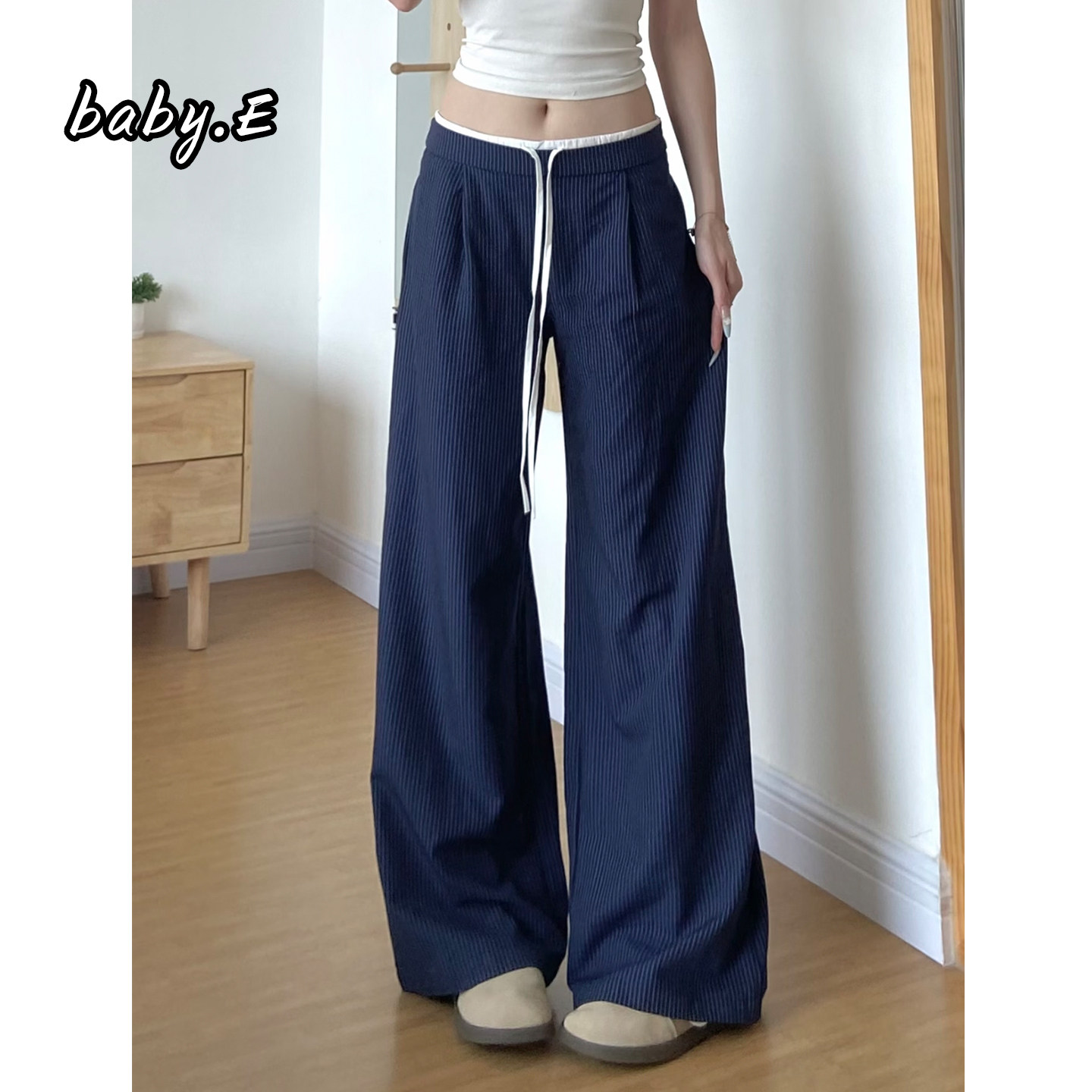 Baby.E美式深蓝色条纹阔腿休闲裤