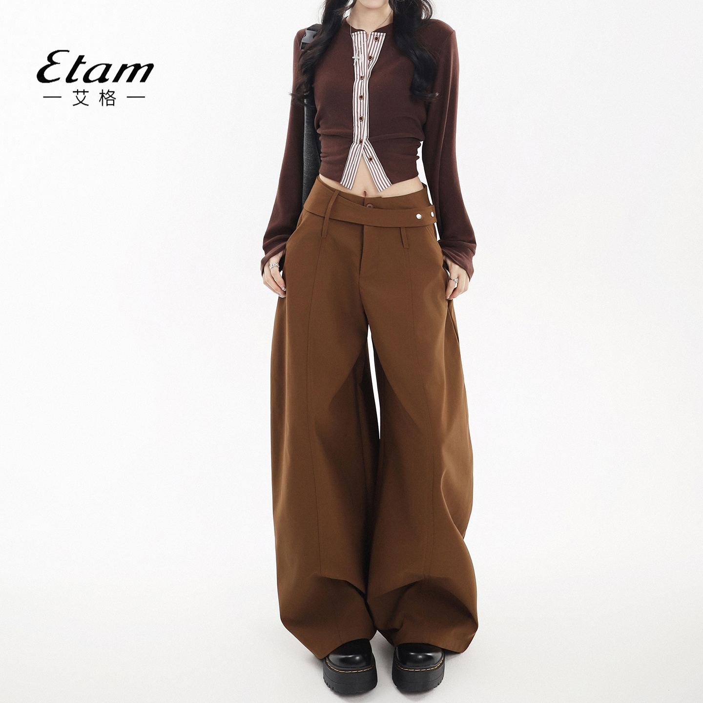 艾格Etam棕咖色老钱风弯刀休闲裤