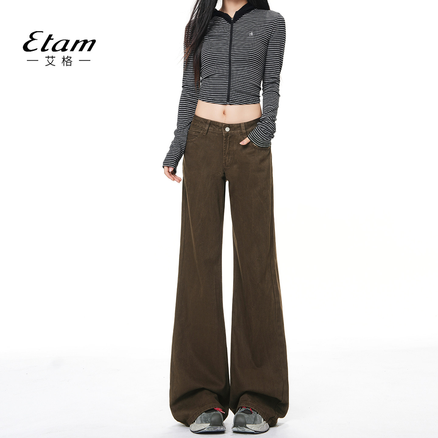 艾格Etam美拉德咖棕色微喇牛仔裤女低腰高级垂感不贴腿喇叭拖地裤