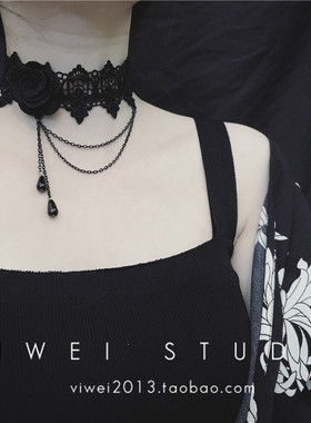 哥特风温婉复古黑蕾丝流苏锁骨链