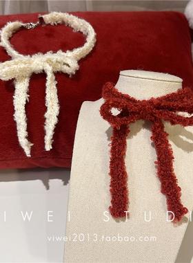 秋冬氛围感红色蝴蝶结毛绒项链