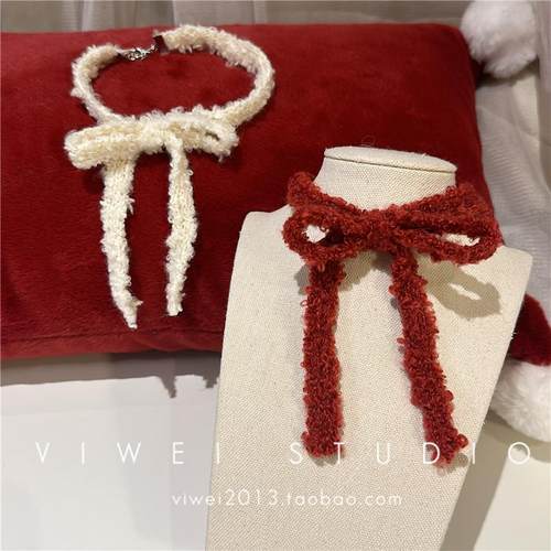 秋冬氛围感红色蝴蝶结毛绒项链