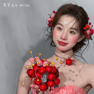 新款新中式甜美红色苹果石榴红白格子发夹新娘结婚敬酒服造型发饰