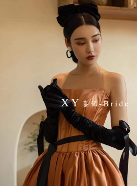 新款款丝绒赫本黑色长款蝴蝶结飘带婚纱手套礼服影楼造型写真表演