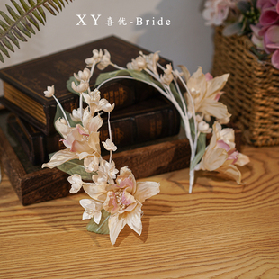 喜优小清新森系柔纱渐变粉色仙女花发箍新娘头饰婚纱写真外景发饰