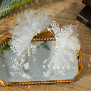 新款创意手工超仙羽毛纱花精灵耳挂新娘耳饰写真旅拍影楼派对配饰