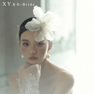喜优手作白色花瓣网纱发夹头饰新娘结婚复古婚纱礼服跟妆旅拍饰品
