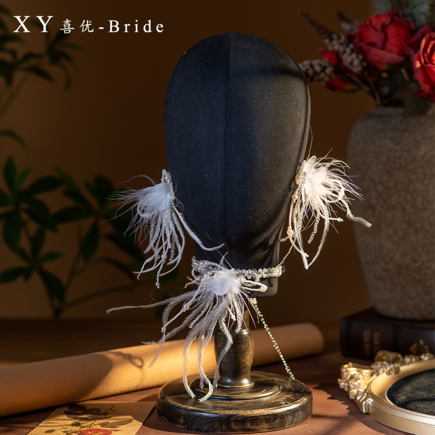 喜优新款羽毛串珠花朵颈饰新娘婚礼手工发饰黑色浪漫写真拍照配饰