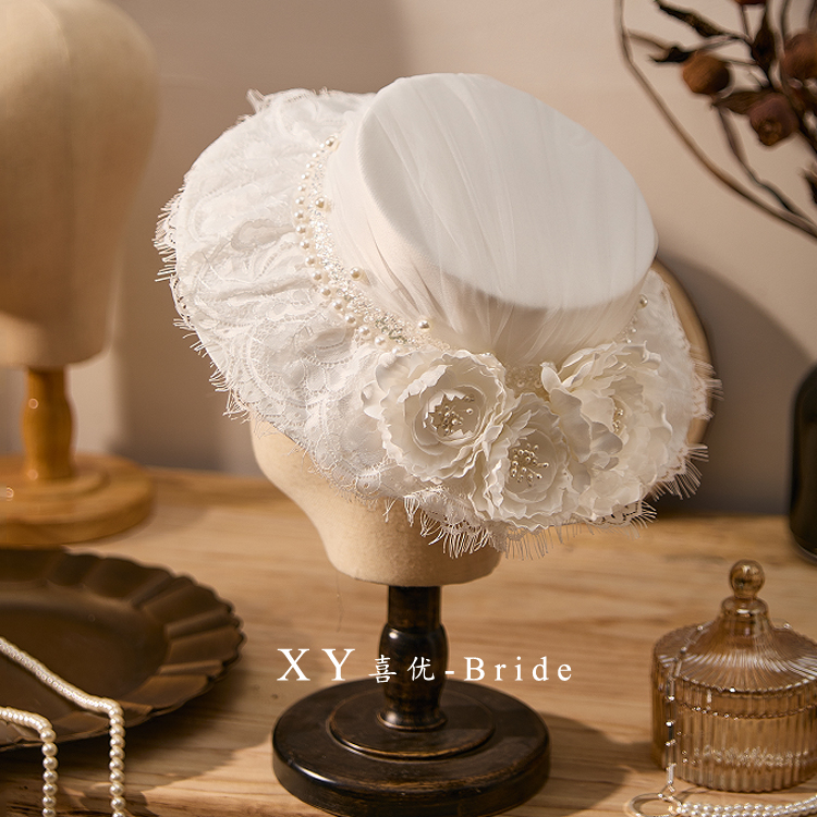 法式复古蕾丝花边立体山茶礼帽