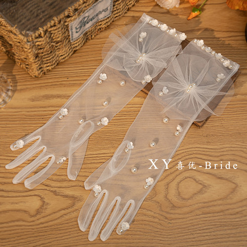 喜优新款网纱花朵铃兰珍珠精致新娘结婚配件婚礼宴会缎面拍照手套