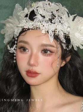手工蕾丝花朵流苏头饰法式包头帽名国风婚纱韩式复古新娘结婚配饰