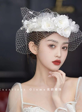 喜优新款新娘柔纱多层花朵帽复古婚纱头饰发饰影楼摄影小礼帽配饰