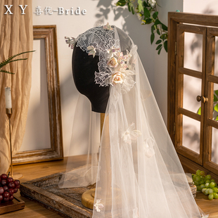 渐变蔷薇花复古蕾丝民国风头纱帽法式气质新娘结婚头饰旅拍发饰品