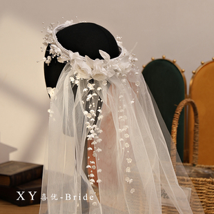 新娘超仙花环头纱韩式田园唯美仿真花发饰户外草坪婚礼婚纱配饰品