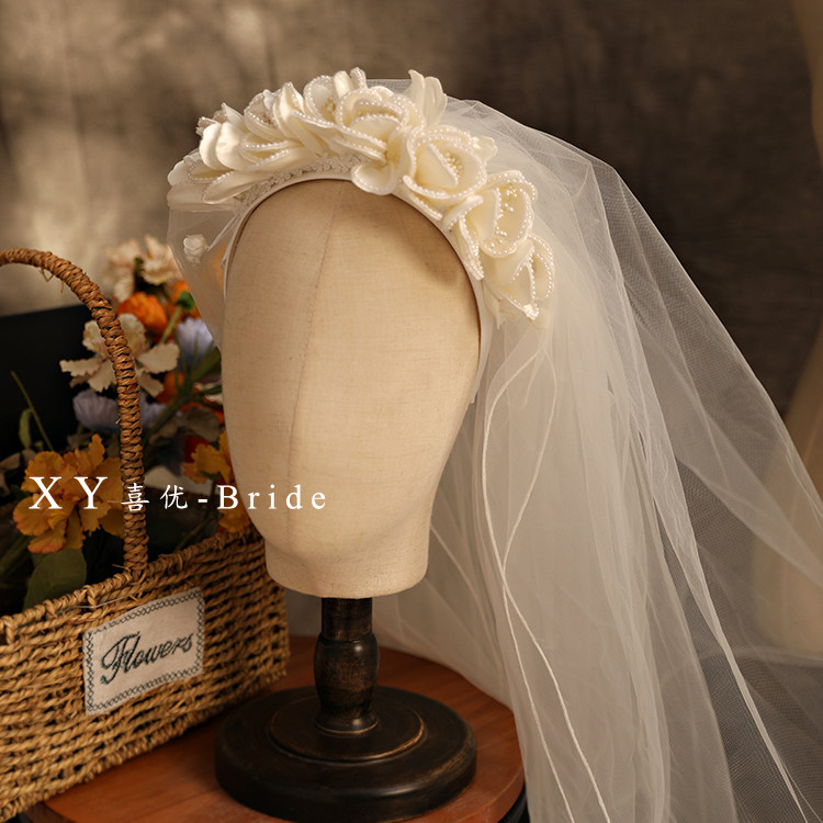 原创精致串珠花瓣发箍双层包边头纱新娘结婚法式样片摄影跟妆旅拍