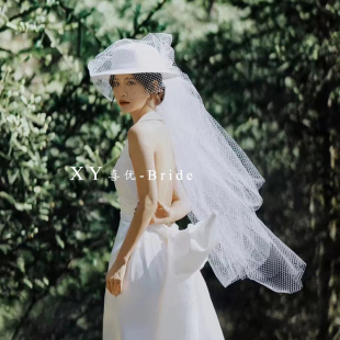 新款气质复古白色礼帽拖尾网纱法式欧美风新娘花帽婚纱旅拍发饰品