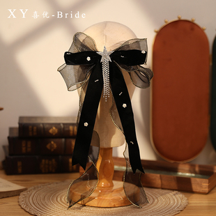 新款黑色蝴蝶结流苏发夹新娘结婚礼服配饰写真样片盘发后区夹头饰