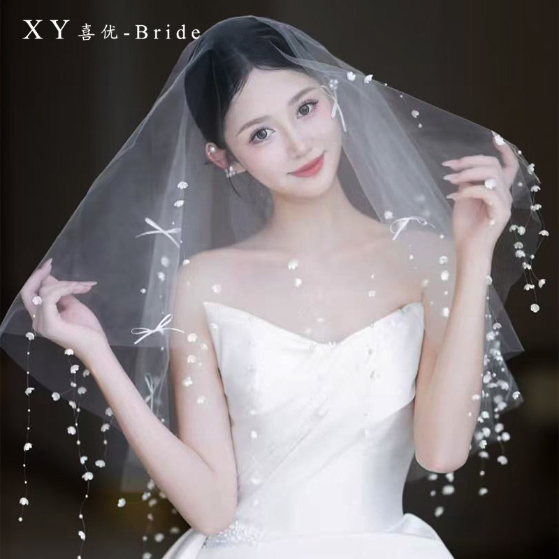 新款法式手作超仙铃兰花流苏头纱新娘头饰婚纱跟妆晨袍旗袍配饰品