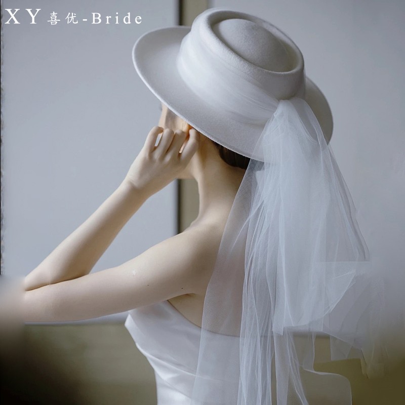 新法式气质大网格白色优雅婚纱礼帽新娘装饰简约超仙拍照影楼配饰