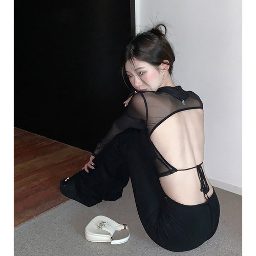 长袖性感时尚短款露背网纱上衣